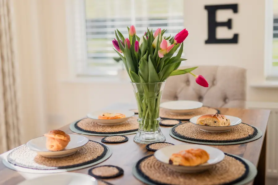 Breakfast table with tulips